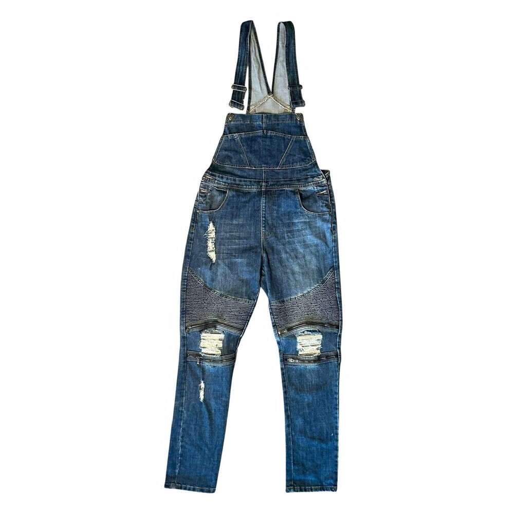 Victorious Blue Denim Skinny Overalls Distressed Ribbed/Zip Knees Women’s L